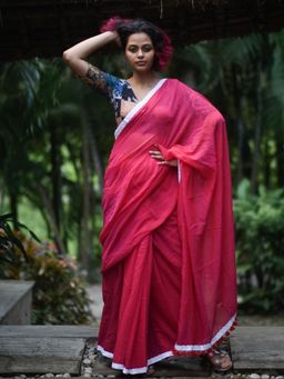 Suta - Pink Solid Lace Mul Cotton Saree without Blouse