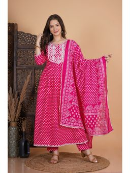 Maaesa - Dark Pink Embroidered & Naira Cut Kurta with Chiffon Dupatta (Set of 3)