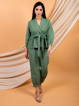 Priya Chaudhary - Green Top Made With Cotton Linen And Pant (Set of 2)