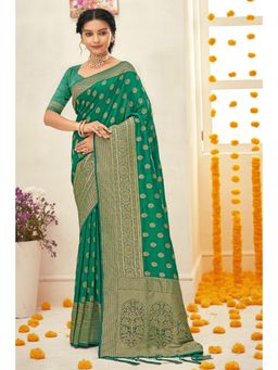 Sangam Prints - Green Silk Woven Zari Work Traditional Tassel Saree with Unstitched Blouse