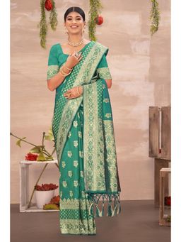 Sangam Prints - Rama Green Silk Woven Zari Work Traditional Tassel Saree with Unstitched Blouse