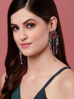 PANASH - Multicolored Silver Toned Contemporary Drop Earrings