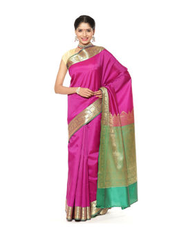 Banarasi Silk Works - Magenta Valkalam Katan Silk Anchal Saree with Unstitched Blouse