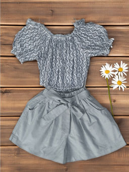 Bella Moda - Girls Grey Printed Fit & Flair Top with Shorts & Belt (Set of 3)
