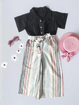 Bella Moda - Girls Multi-Color Solid & Stripe Shirt with Pant & Belt (Set of 3)