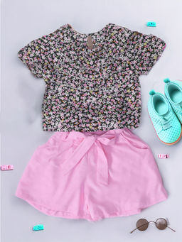 Bella Moda - Girls Multi-Color Floral Printed Top with Shorts & Belt (Set of 3)