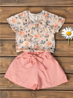 Bella Moda - Girls Peach Floral Printed Top with Shorts & Belt (Set of 3)