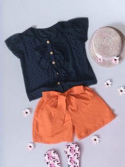 Bella Moda - Girls Blue & Orange Self Design Top with Shorts & Belt (Set of 3)