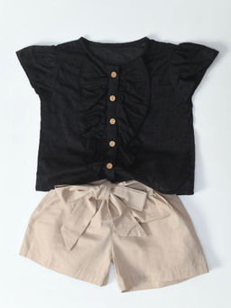 Bella Moda - Girls Black & Beige Self Design Top with Shorts & Belt (Set of 3)