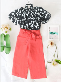 Bella Moda - Girls Black & Peach Printed Top with Pant & Belt (Set of 3)