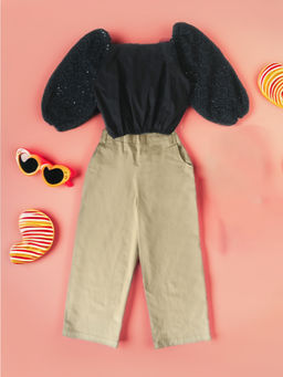 Bella Moda - Girls Black & Beige Self Design Top with Pant (Set of 2)
