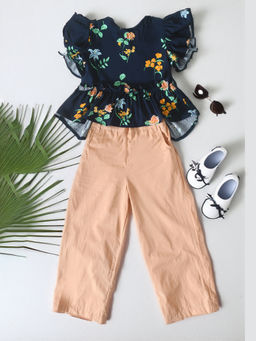 Bella Moda - Girls Navy Blue & Peach Floral Printed Top with Pant (Set of 2)