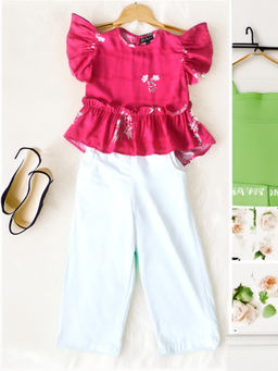 Bella Moda - Girls Pink & White Floral Printed Top with Pant (Set of 2)