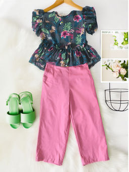 Bella Moda - Girls Grey & Pink Floral Printed Top with Pant (Set of 2)