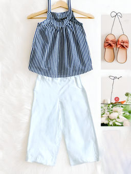 Bella Moda - Girls White & Blue Stripes Top with Pant (Set of 2)