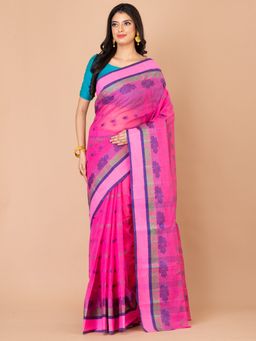 LAA CALCUTTA - Pink and Blue Pure Cotton Tant Saree