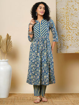 Globus - Women Blue Floral Printed Mandarin Collar Pleated A-Line Workwear Kurta & Striped Pants Sets