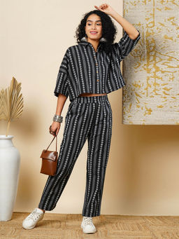 Globus - Women Black Floral Printed Drop Shoulder Crop Shirt & Elasticated Trousers Fusion Co-Ord Set
