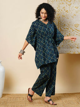 Globus - Women Blue V-Neck Abstract Printed Waist Tie-Up Kaftan Tunic & Trousers Fusion Co-Ord Set