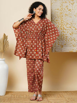 Globus - Women Maroon V-Neck Floral Printed Waist Tie-Up Kaftan Tunic & Trousers Fusion Co-Ord Set