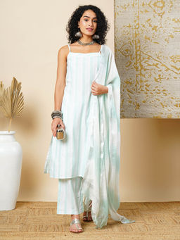 Globus - Women Green Striped Straight Kurta with Pant and Dupatta (Set of 3)