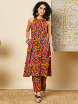 Globus - Women Yellow Floral Printed Halter Neck Flared Hem Pleated A-Line Workwear Kurta & Pants Sets