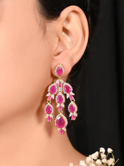 Ratnavali Jewels - Gold Plated CZ AD Pink Chandelier Long Dangler Drop Earrings