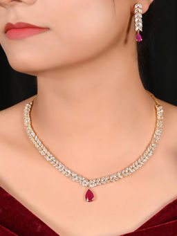 Ratnavali Jewels - Gold Plated CZ AD Studded Pink Drop Necklace Jewellery Set with Earrings