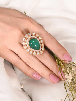 Ratnavali Jewels - Rose Gold Plated Green CZ Kundan Studded Statement Adjustable Ring