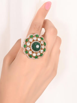 Ratnavali Jewels - Gold Plated Carving Green CZ Kundan Studded Statement Adjustable Ring