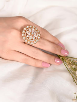 Ratnavali Jewels - Gold Plated Floral CZ AD Kundan Studded Statement Adjustable Ring