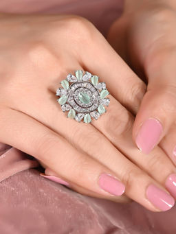 Ratnavali Jewels - Silver Plated Mint Green CZ AD Studded Glittering Adjustable Ring
