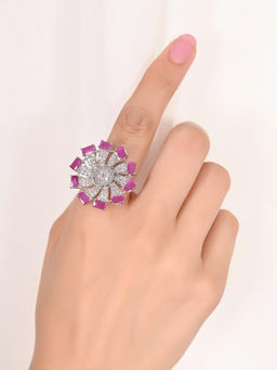 Ratnavali Jewels - Silver Plated Floral CZ AD Red Studded Glittering Adjustable Ring