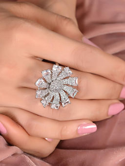 Ratnavali Jewels - Silver Plated Floral CZ AD Studded Glittering Adjustable Ring