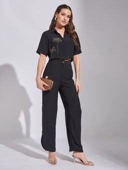 Latin Quarters - Women Black Solid Collar Neck Casual Co-Ord Set