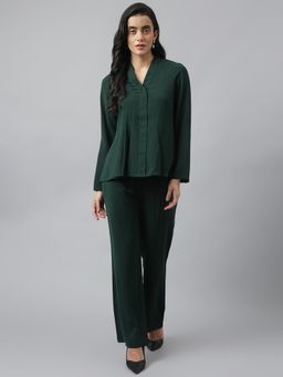 Latin Quarters - Women Green Solid V-Neck Casual Co-Ord Set