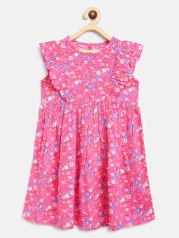 Campana - Girls Janet Frilly Dress - Cosmos Flower Print - Pink & Blue