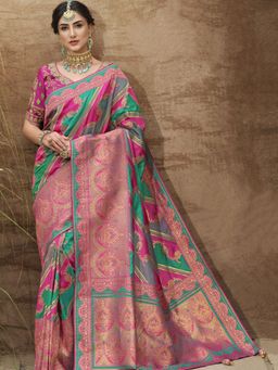 Odette - Green Woven Silk Saree with Unstitched Blouse