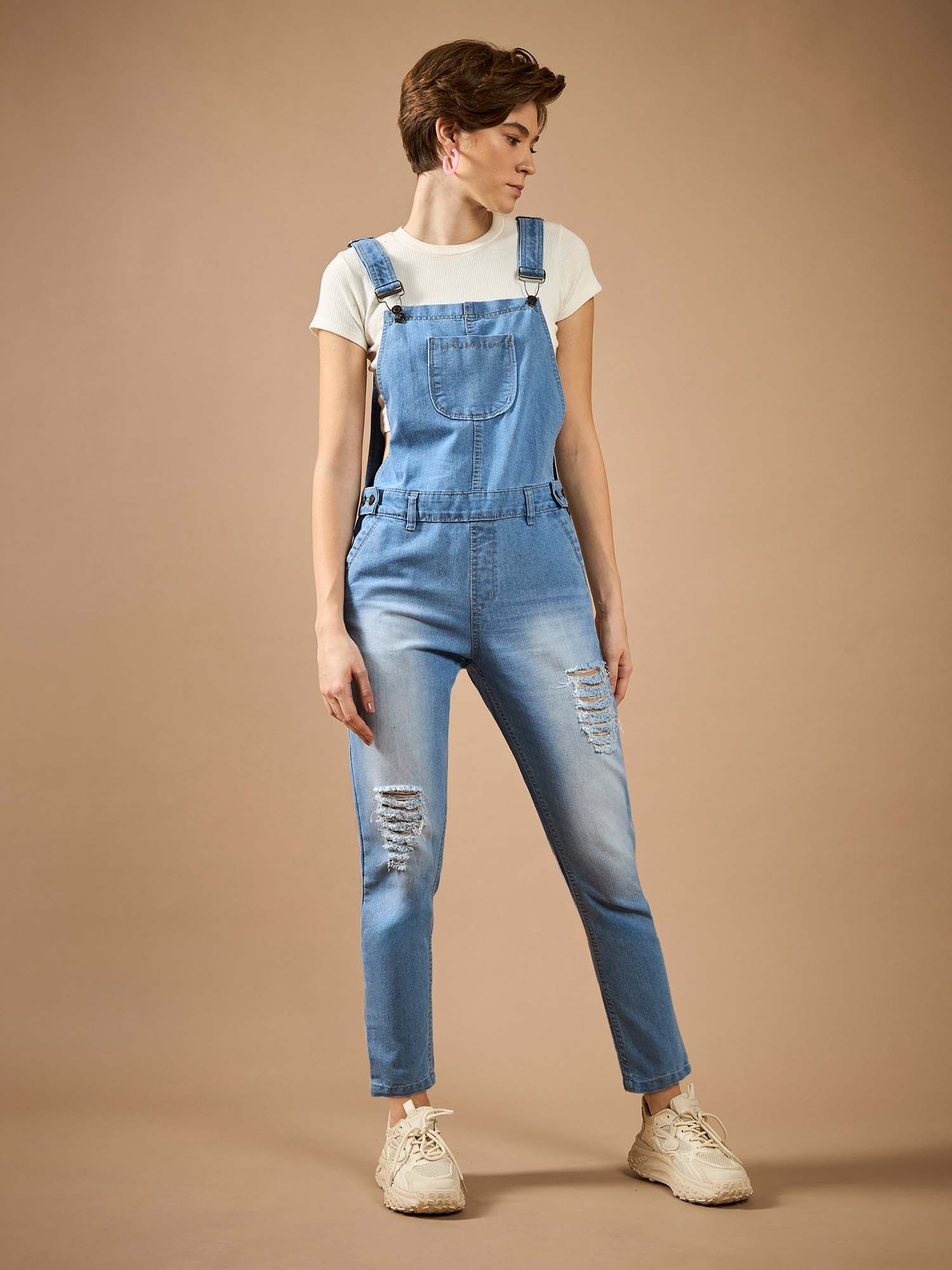 dolce crudo Women's Light Blue Regular Fit Regular Length Ripped Denim Dungaree-picture-38