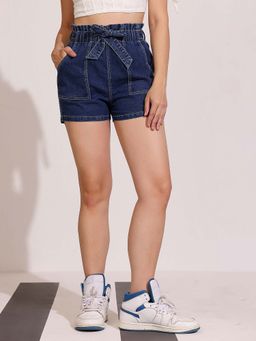 DOLCE CRUDO - Women's Blue High-Rise Denim Shorts with Tie-Up Belt and Carpenter Pockets