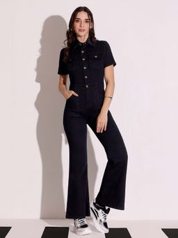 DOLCE CRUDO - Women's Black Flared High Rise Regular Stretchable Denim Jumpsuit
