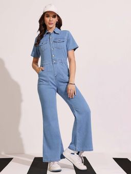 DOLCE CRUDO - Women's Light Blue Flared Regular Length Stretchable Denim Jumpsuit