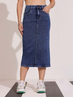 DOLCE CRUDO - Women's Dark Blue High-Rise Stretchable Denim Midi Skirt with Back Slit