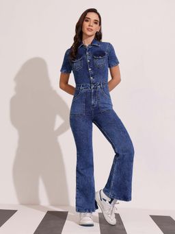 DOLCE CRUDO - Women's Navy Blue Flared High Rise Regular Stretchable Denim Jumpsuit