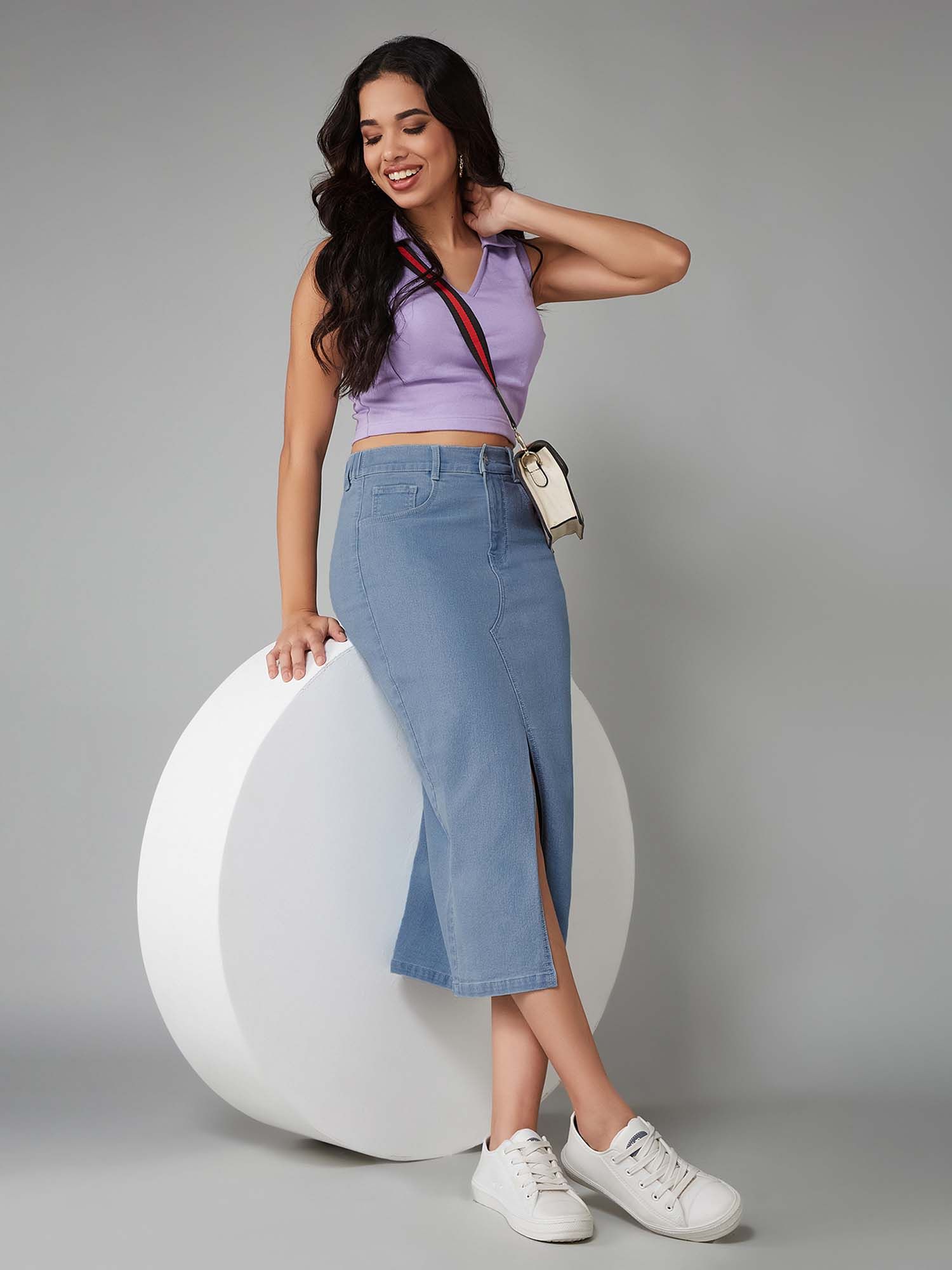 dolce crudo Women's Light Blue Straight Fit High Rise Stretchable Denim Midi Skirt-picture-11
