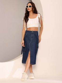 DOLCE CRUDO - Women's Navy Blue Straight High Rise Clean Look Midi Denim Skirt