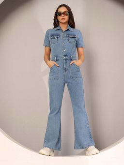 DOLCE CRUDO - Women's Blue flared High Rise Regular Stretchable Denim Jumpsuit