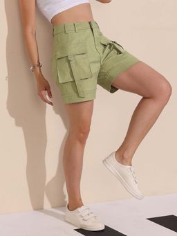 DOLCE CRUDO - Women's Olive Flared High-Rise Regular-Length Stretchable Denim Shorts