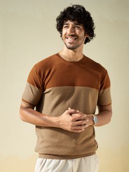 Andamen - Cedar Tan Colour Block Crew-Regular Fit T-Shirt
