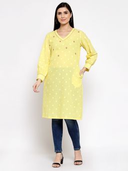 DART STUDIO - Cotton Polka Dot Kurta With Hand Embroidery -Yellow
